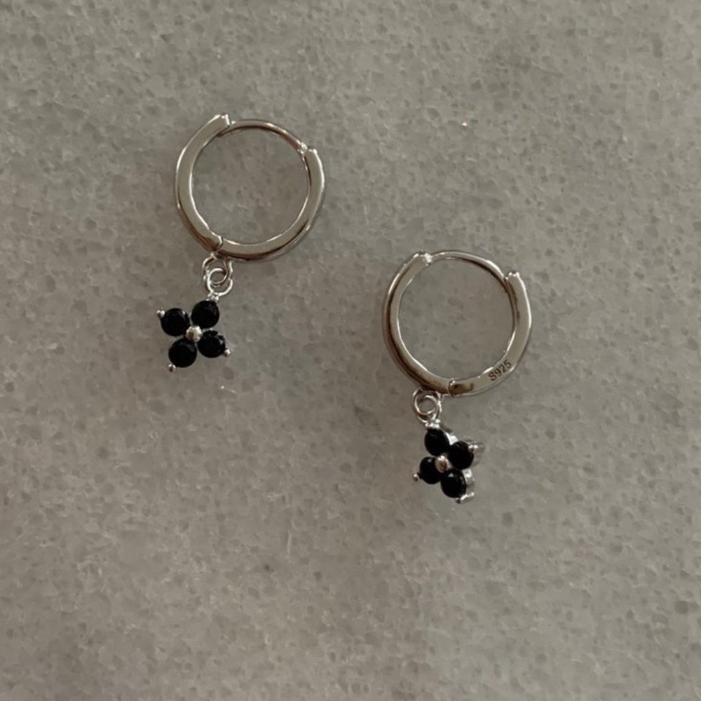 Sterling Silver Black Flower Crystal Huggie Hoop Earrings